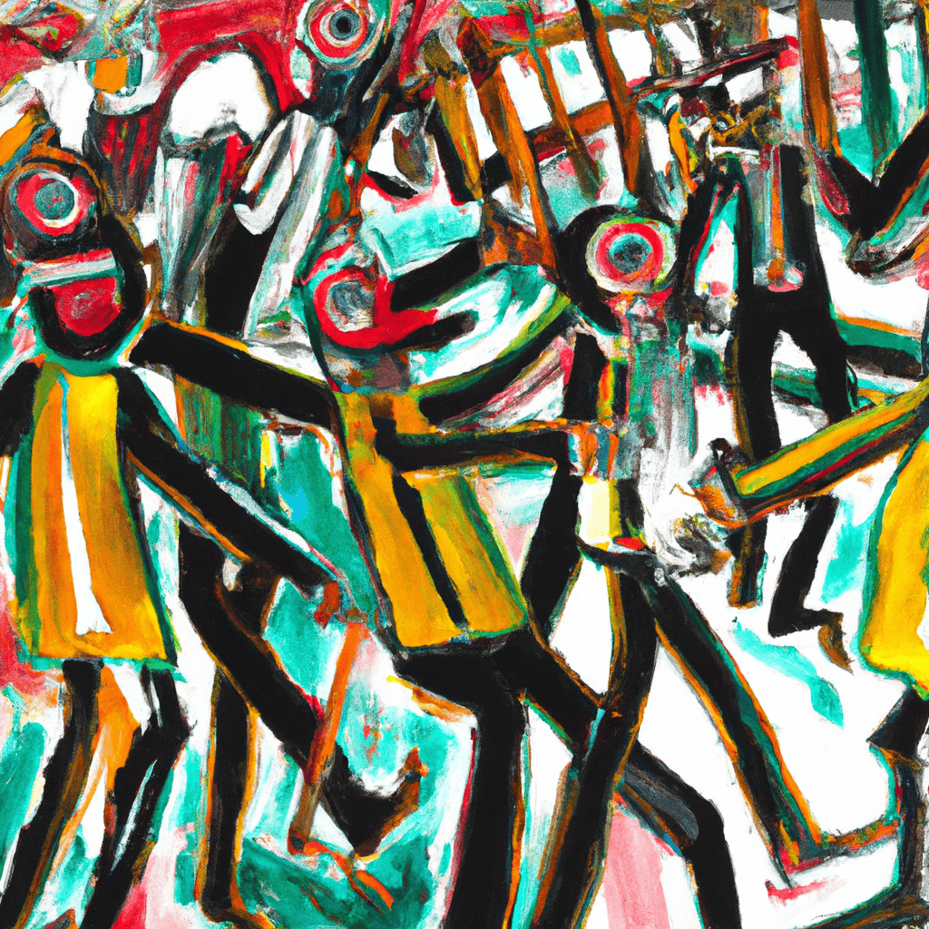 Abstract painting of Panic on the streets of London, Morris dancing in the corridors of power